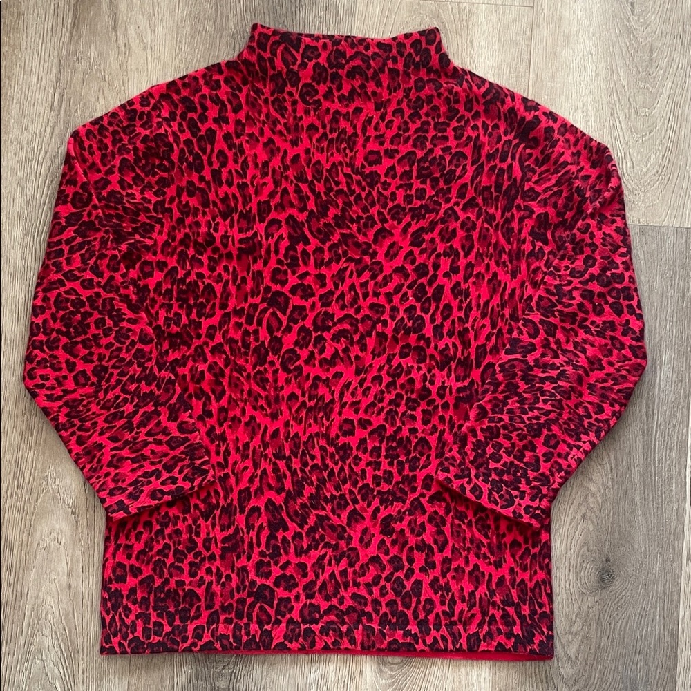 Vintage Red Leopard Print High Neck Wool Blend Sweater Womens Small S Cheetah